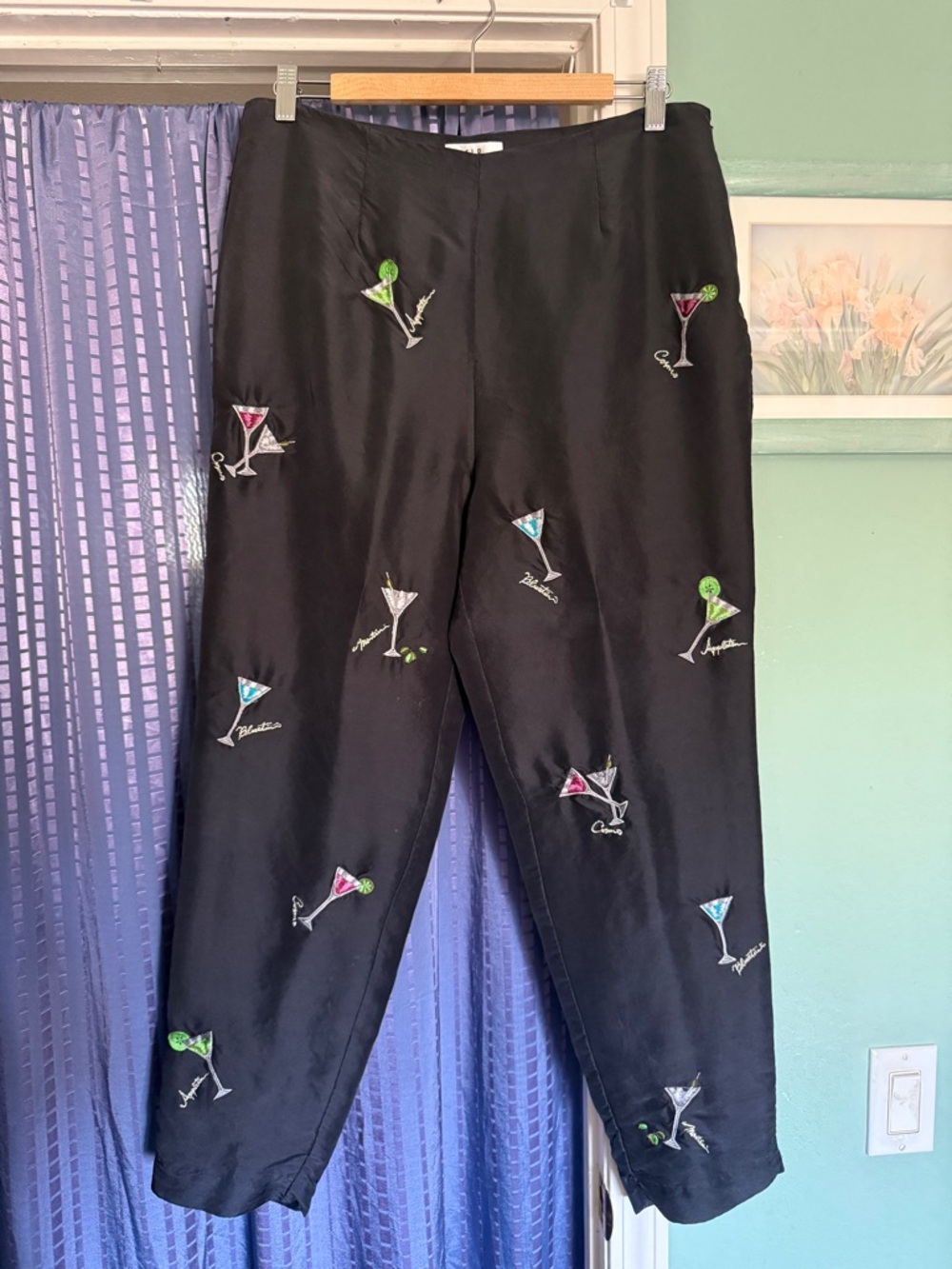 SLB Silk Martini Embroidered Pants Black Sz 12 Lined Side Zip